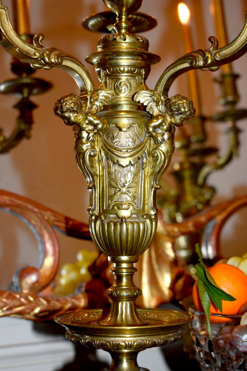 Pair Of Gilt Bronze Candelabra, Candlesticks, Candlesticks, Decor With Putti And Lion Mufles-photo-6