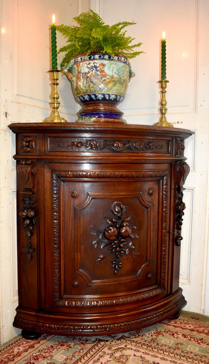 Curved Corner Cabinet In Carved Oak, Corner Cabinet Or Support, Falling Flowers And Fruits-photo-3