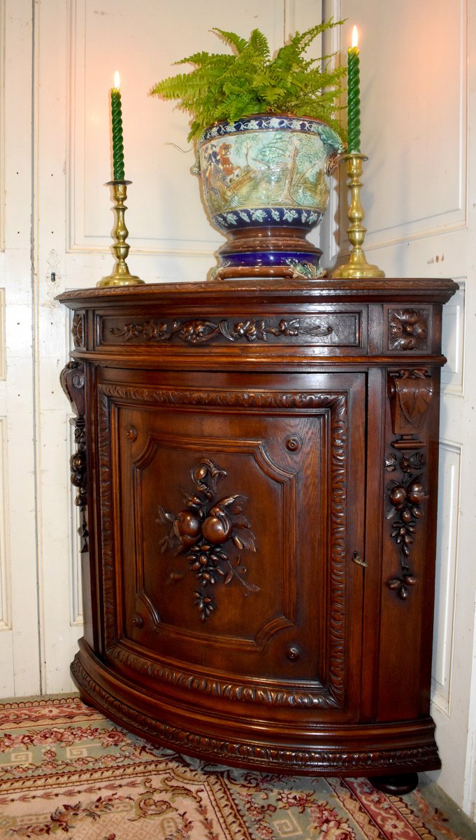 Curved Corner Cabinet In Carved Oak, Corner Cabinet Or Support, Falling Flowers And Fruits-photo-4