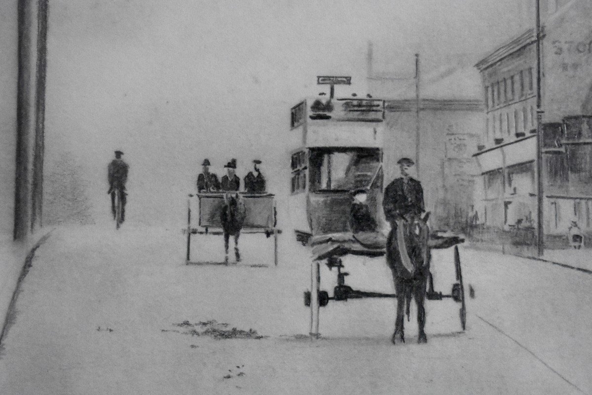 Bus à Impériale Et Calèche, Dessin à La Mine De Plomb, Angleterre, Scène De Rue , Années 20-photo-4