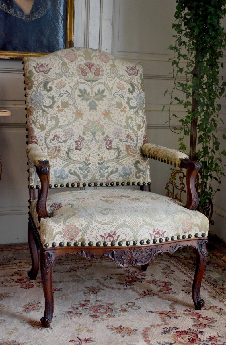 Large Regence Style Armchair With High Back, Tudor Rose Fabric, XIXth Epoque-photo-2