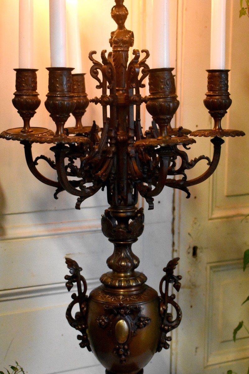 Large Bronze Candlestick, Dragons And Caryatid, Candelabra With Seven Lights, Candlestick, XIXt-photo-3