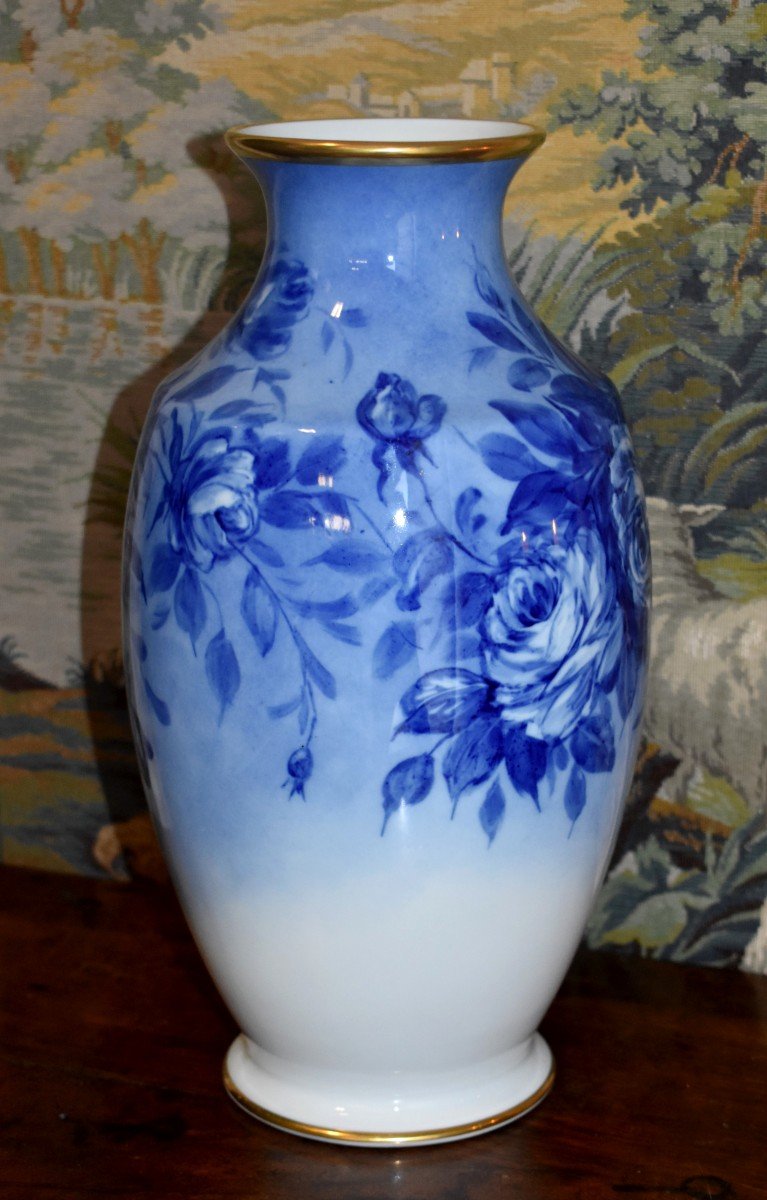 Large Vase Decorated With Roses, Limoges Porcelain, Shades Of Blue Entirely Hand Painted-photo-3