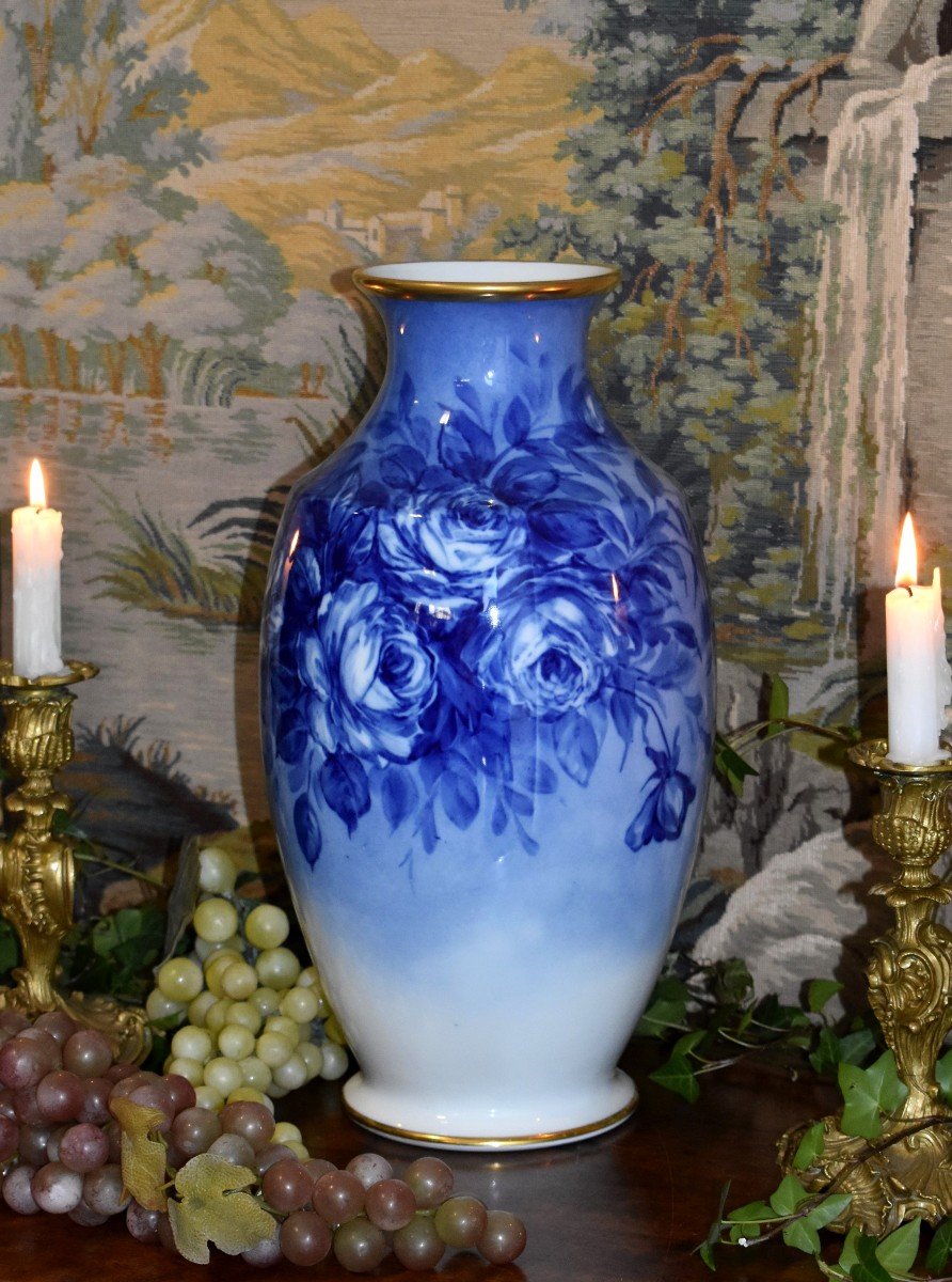 Large Vase Decorated With Roses, Limoges Porcelain, Shades Of Blue Entirely Hand Painted