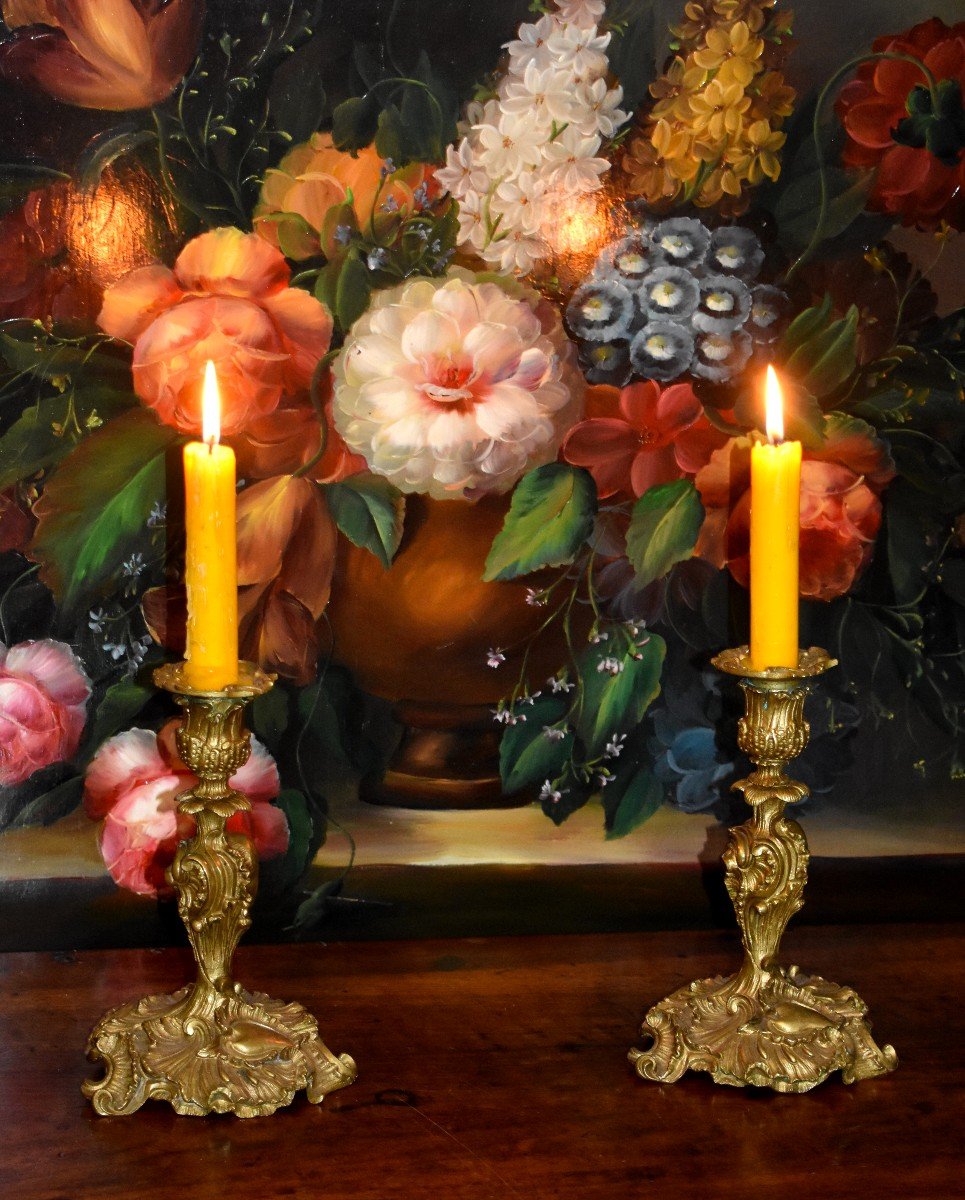 Pair Of Rocaille Style Candlesticks, Louis XV, Gilt Bronze, Ends Of Table, XIX-photo-2