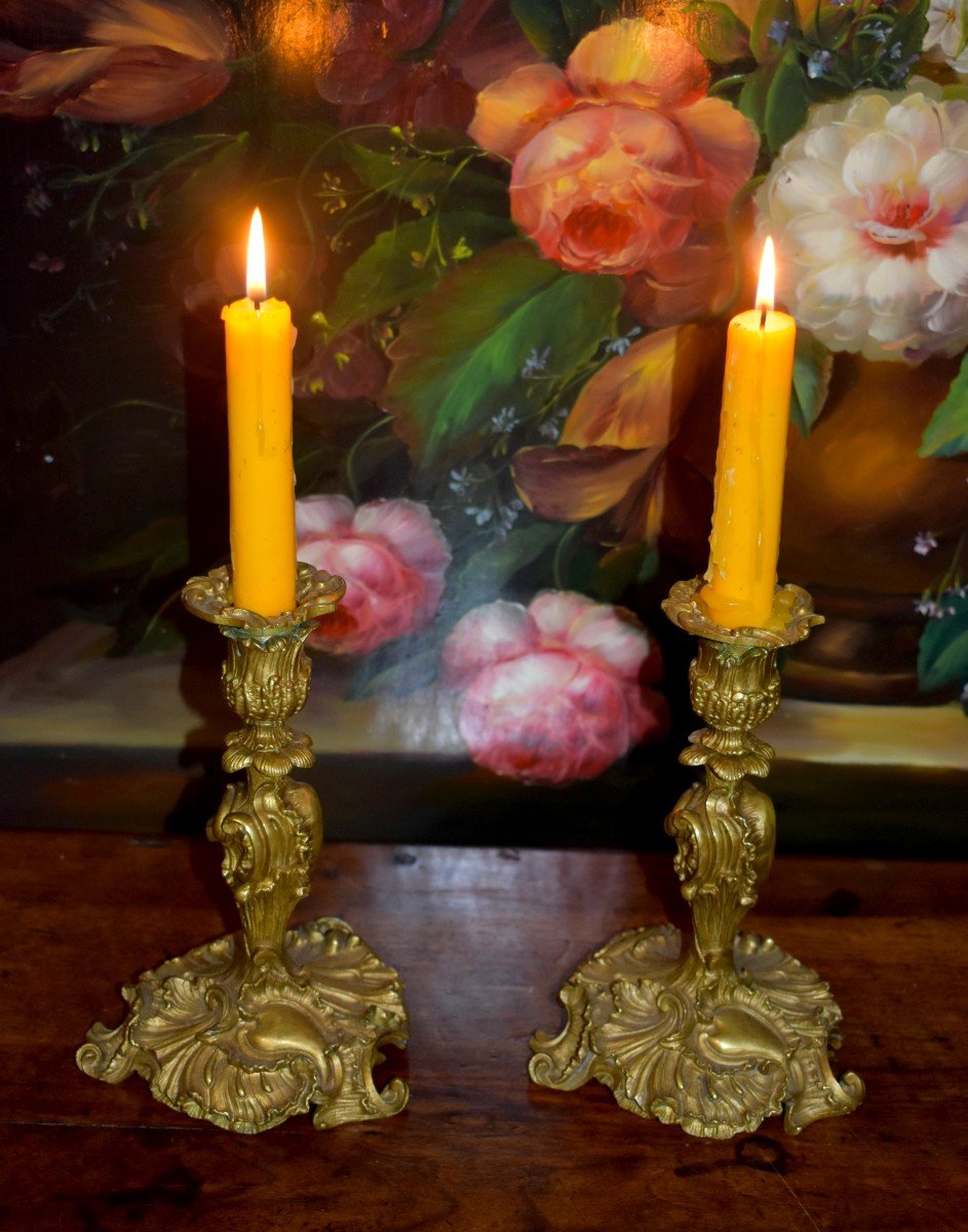 Pair Of Rocaille Style Candlesticks, Louis XV, Gilt Bronze, Ends Of Table, XIX-photo-3