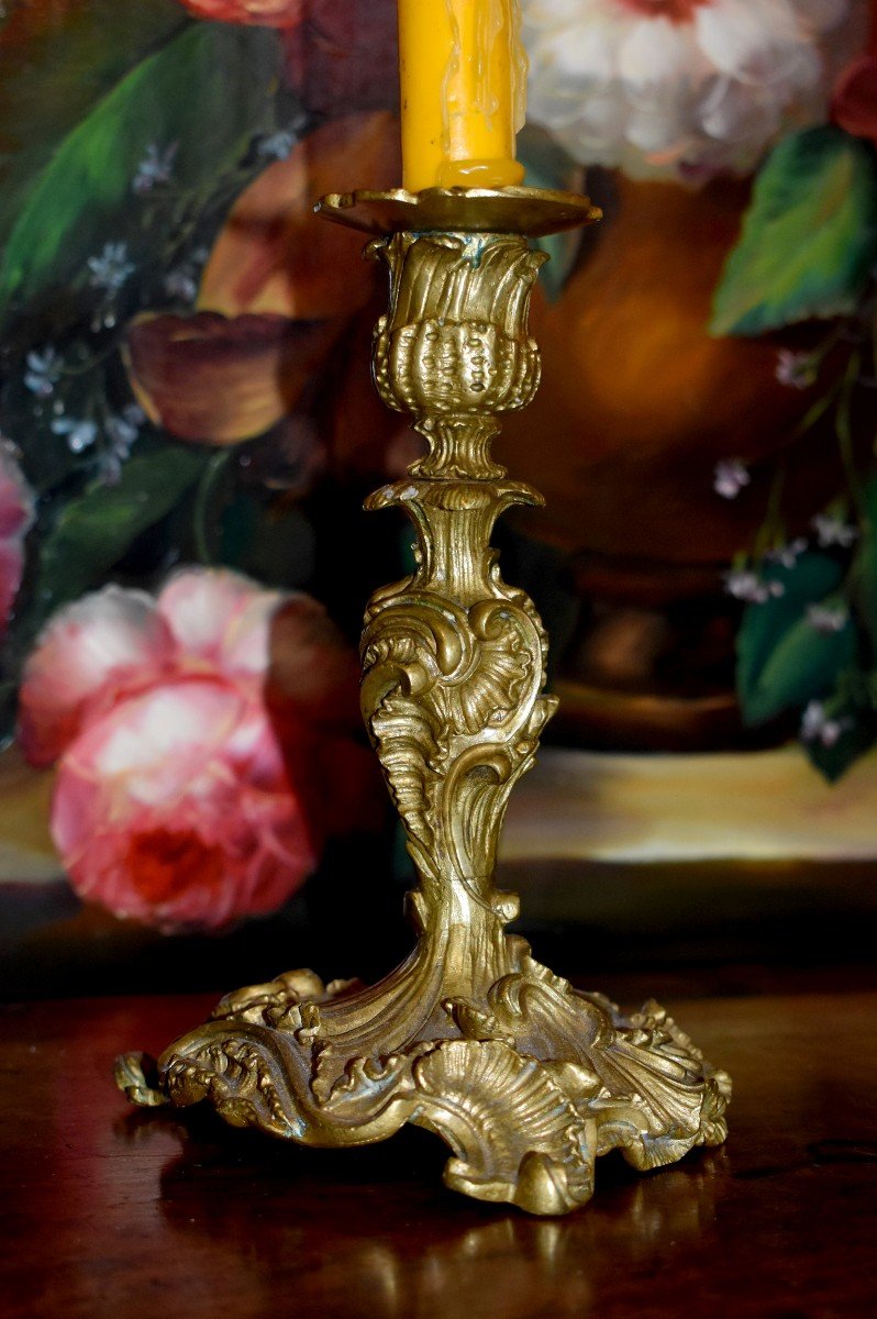 Pair Of Rocaille Style Candlesticks, Louis XV, Gilt Bronze, Ends Of Table, XIX-photo-4