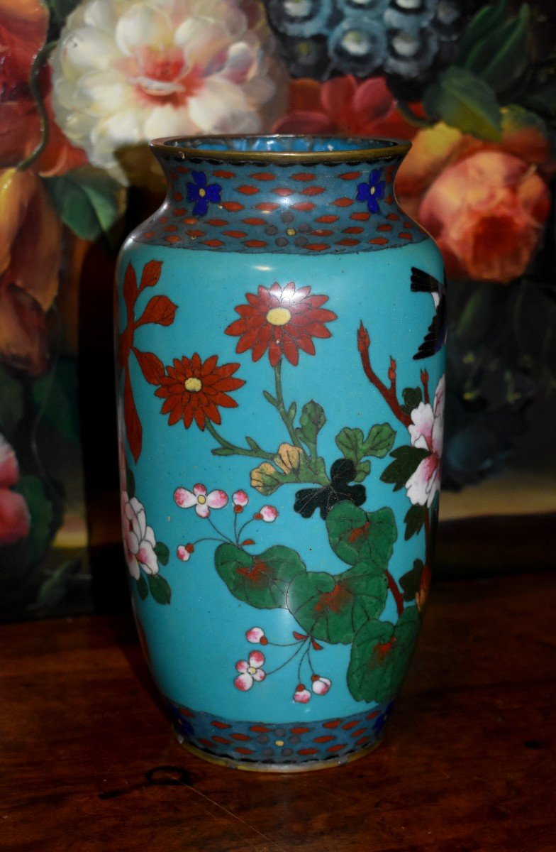 Cloisonne Vase With Bird , Butterfly And Flower Decoration, Japan, Late Nineteenth Century-photo-3