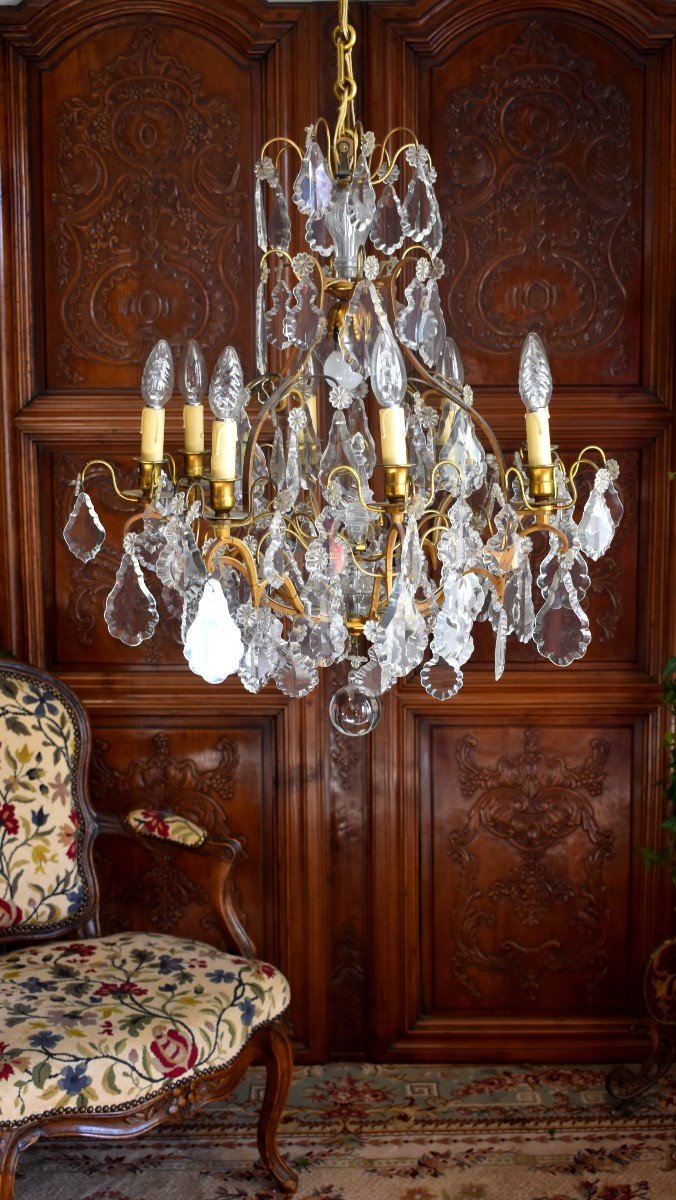 Large Chandelier With Tassels In Louis XV Style, Golden Brass And Crystal, Cage Chandelier, Nine Lights-photo-3