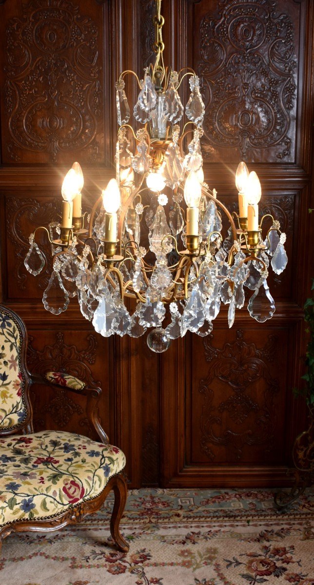 Large Chandelier With Tassels In Louis XV Style, Golden Brass And Crystal, Cage Chandelier, Nine Lights-photo-4