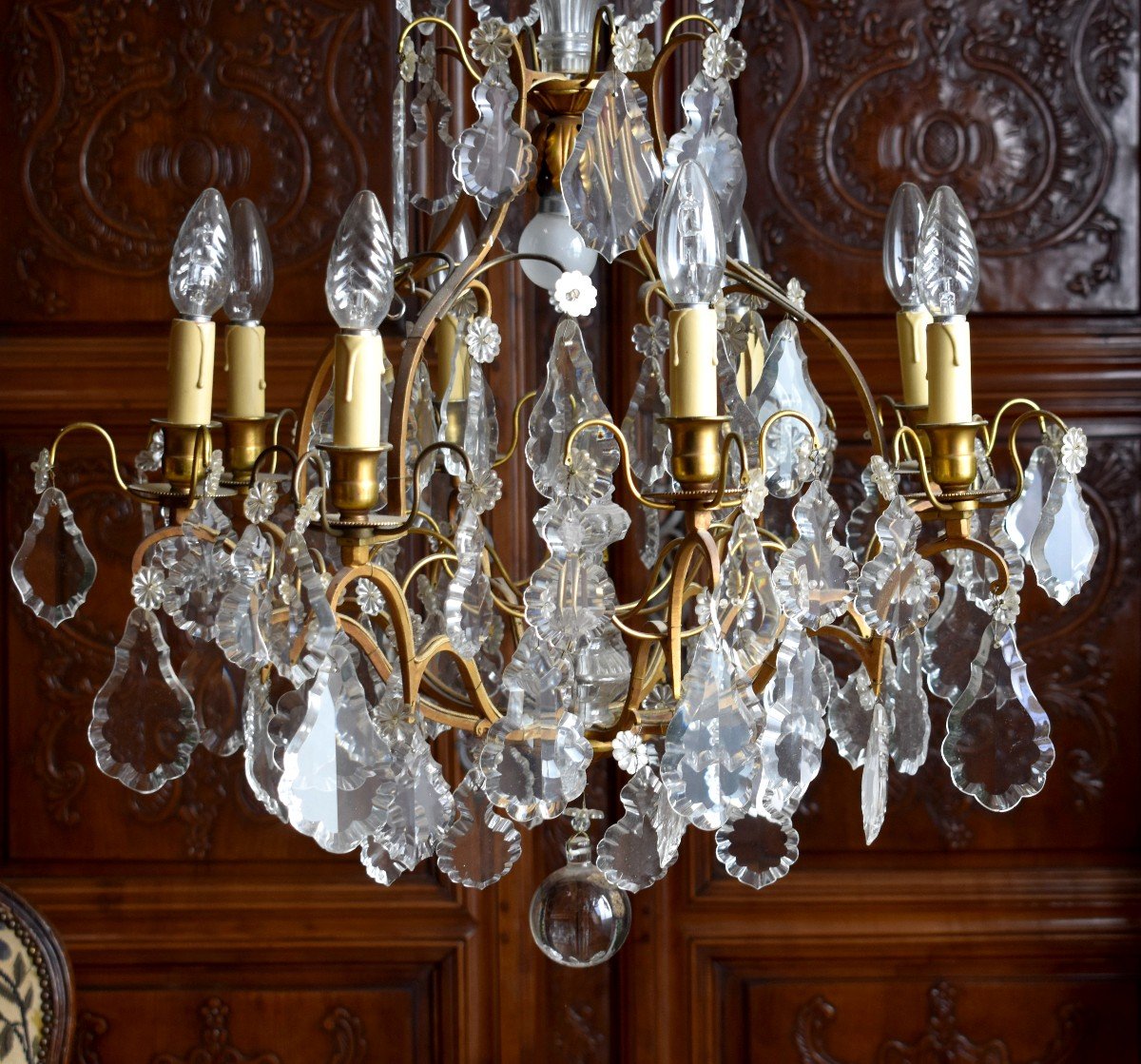 Large Chandelier With Tassels In Louis XV Style, Golden Brass And Crystal, Cage Chandelier, Nine Lights-photo-1