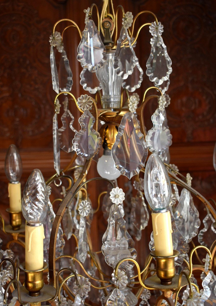 Large Chandelier With Tassels In Louis XV Style, Golden Brass And Crystal, Cage Chandelier, Nine Lights-photo-3