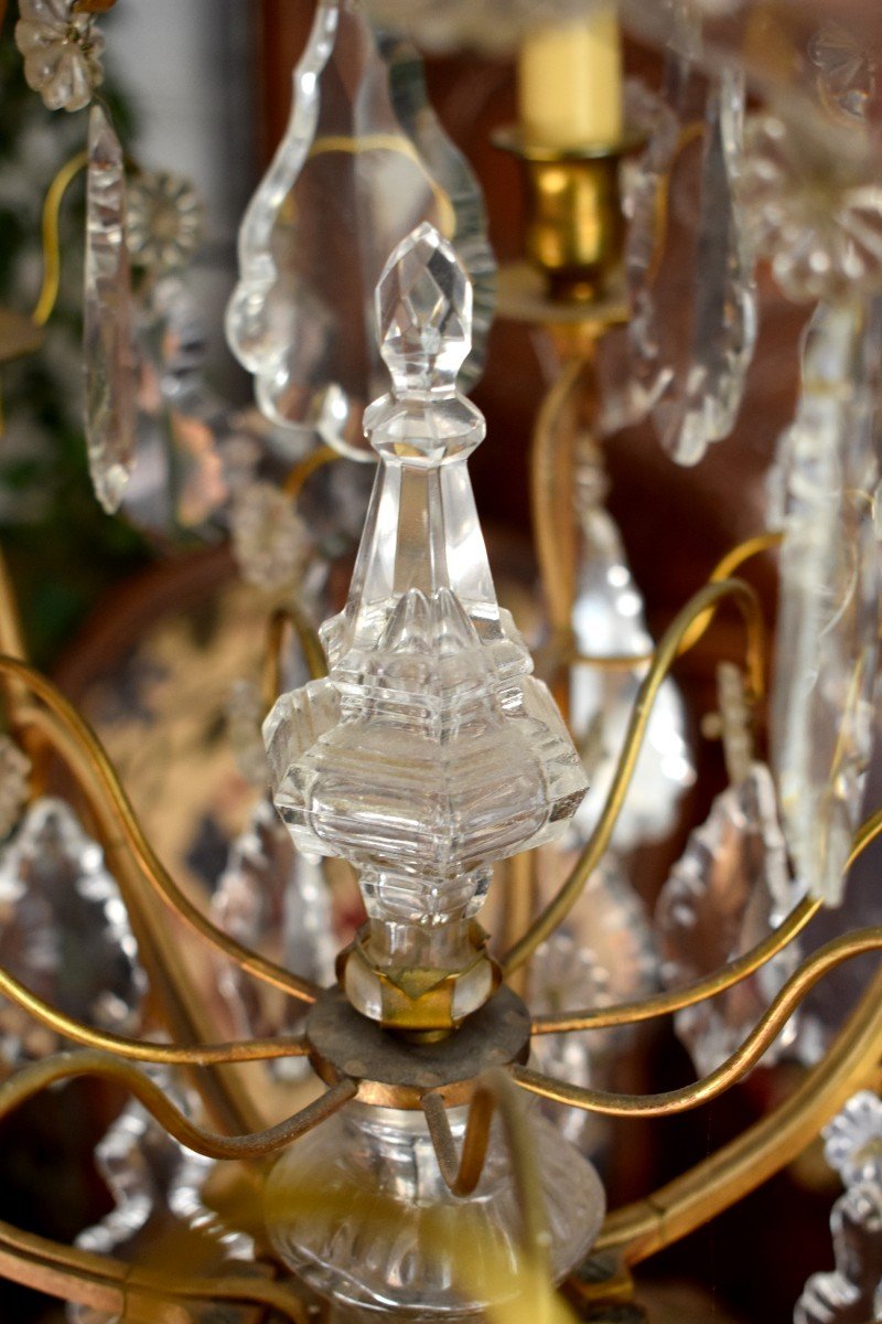 Large Chandelier With Tassels In Louis XV Style, Golden Brass And Crystal, Cage Chandelier, Nine Lights-photo-6