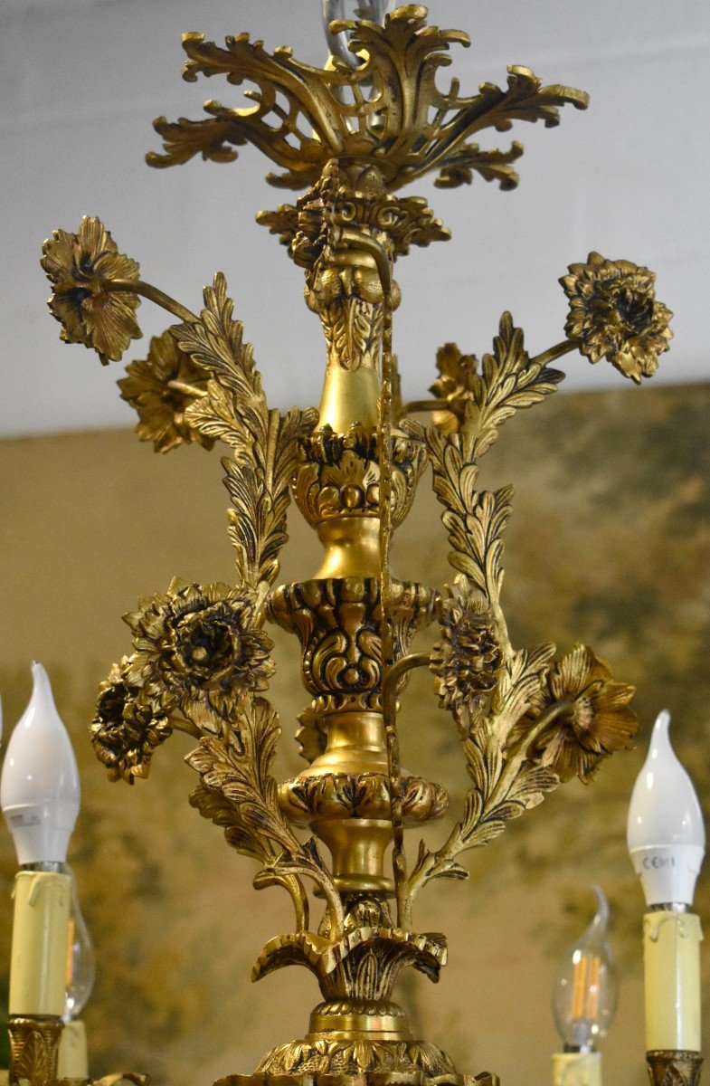 Large Chandelier With Flowers And Braces, 12 Arms Of Light, Gilt Bronze And Crystal Pendants-photo-2