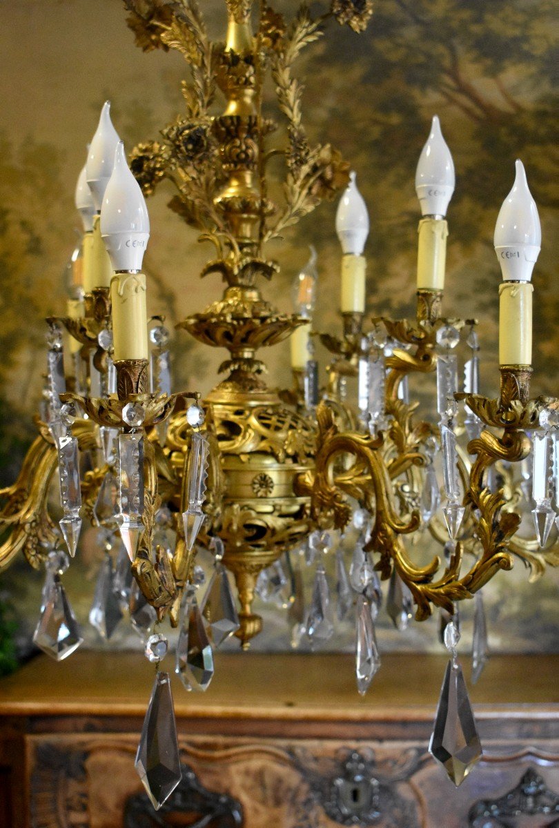 Large Chandelier With Flowers And Braces, 12 Arms Of Light, Gilt Bronze And Crystal Pendants-photo-3