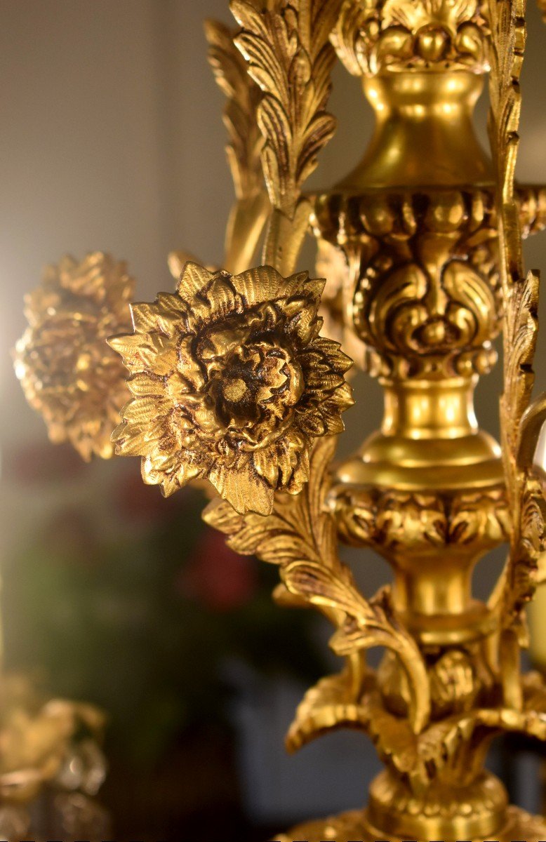 Large Chandelier With Flowers And Braces, 12 Arms Of Light, Gilt Bronze And Crystal Pendants-photo-4