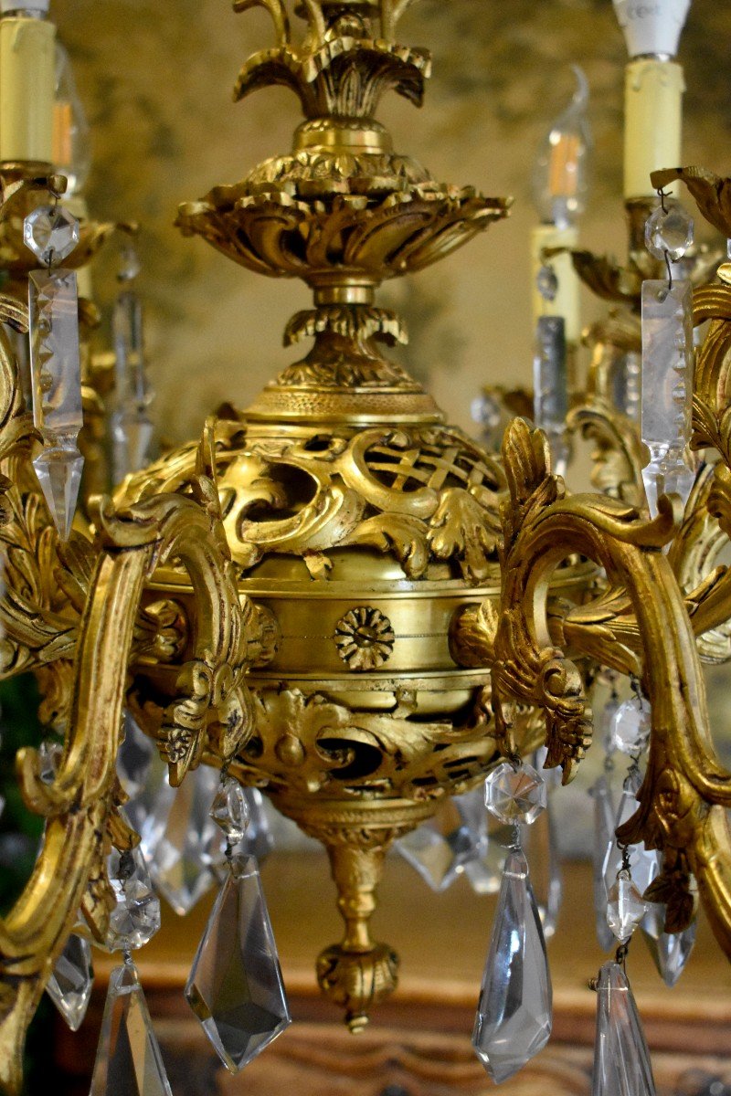 Large Chandelier With Flowers And Braces, 12 Arms Of Light, Gilt Bronze And Crystal Pendants-photo-5