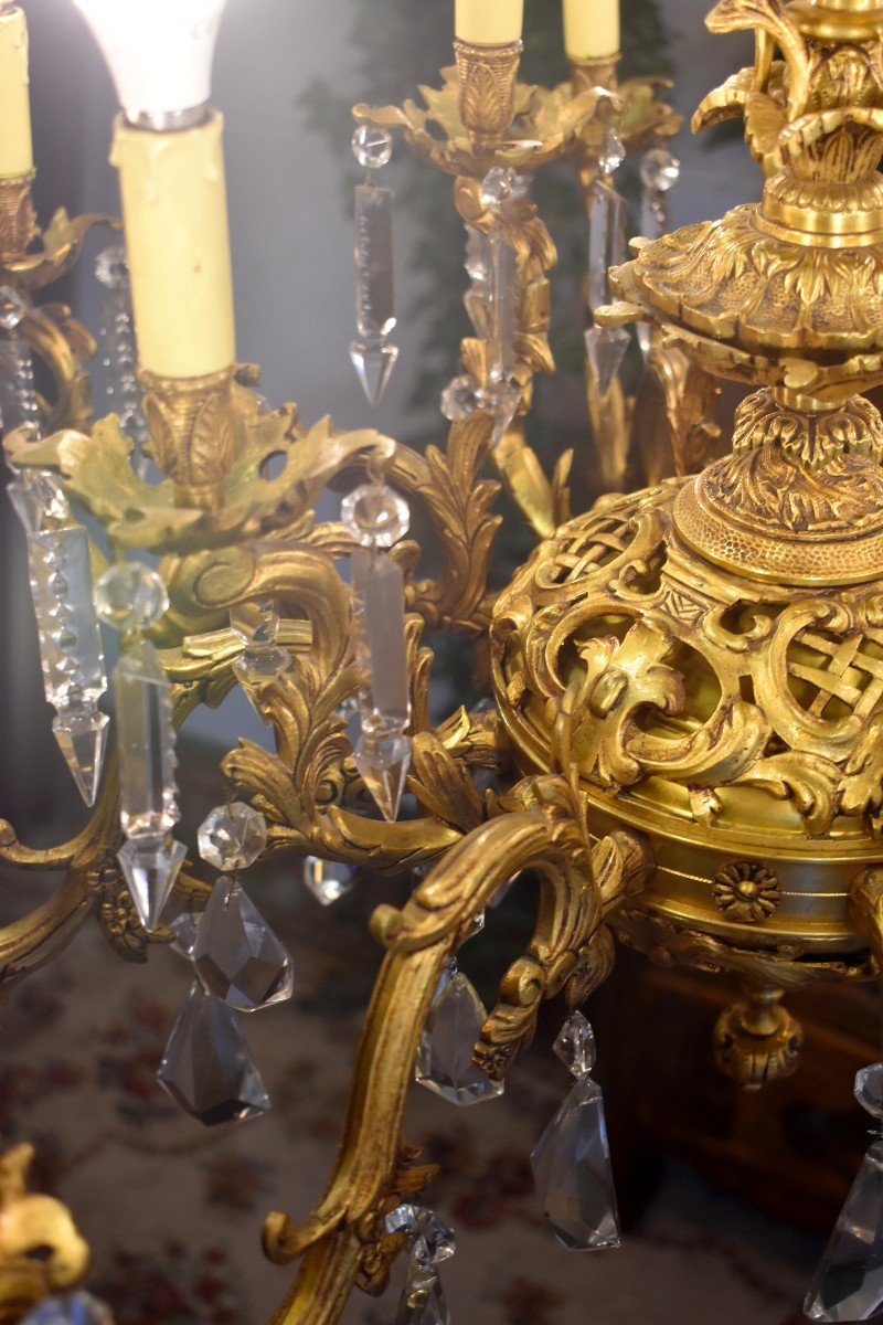 Large Chandelier With Flowers And Braces, 12 Arms Of Light, Gilt Bronze And Crystal Pendants-photo-6