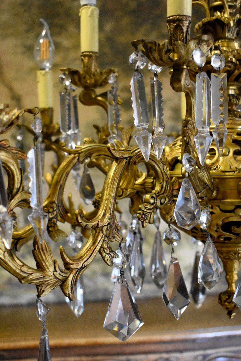 Large Chandelier With Flowers And Braces, 12 Arms Of Light, Gilt Bronze And Crystal Pendants-photo-8