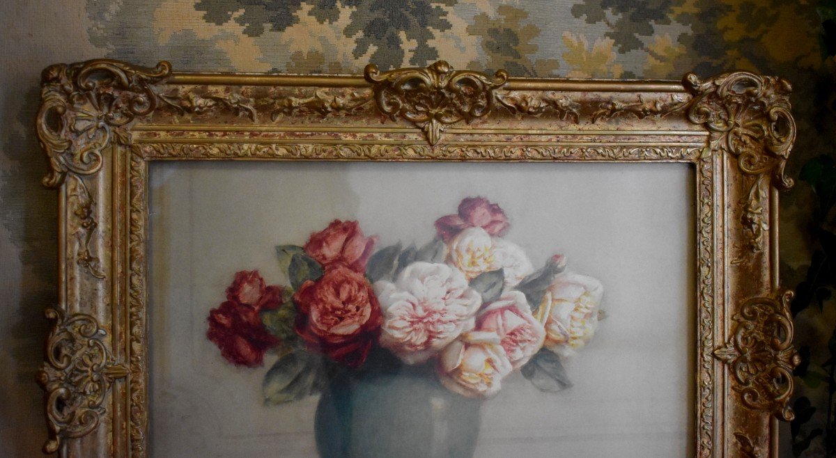 Isidore Rosenstock (1880-1956), Bouquet Of Roses On Entablature, Watercolor -photo-1