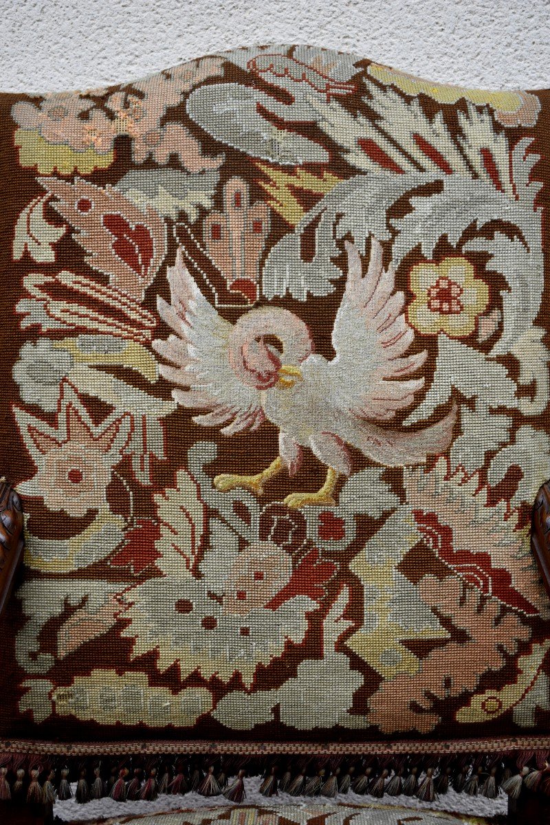 Pair Of Renaissance Style Armchairs, Lion Paws And Mufles, Small Dots Tapestry With Griffons-photo-3