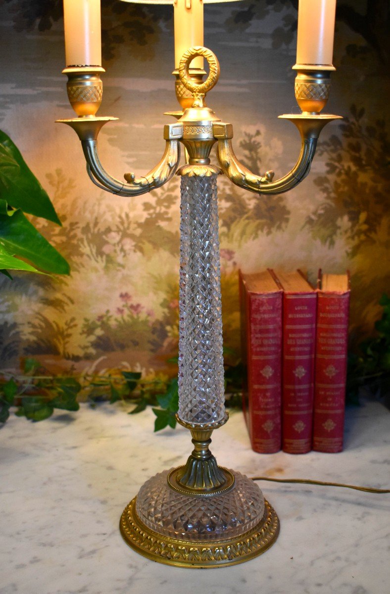 Large Lighting Restoration Style Lamp With Three Lights, Cut Crystal, Bronze And Brass-photo-3