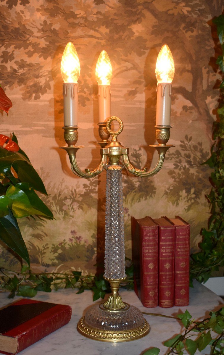 Large Lighting Restoration Style Lamp With Three Lights, Cut Crystal, Bronze And Brass-photo-4