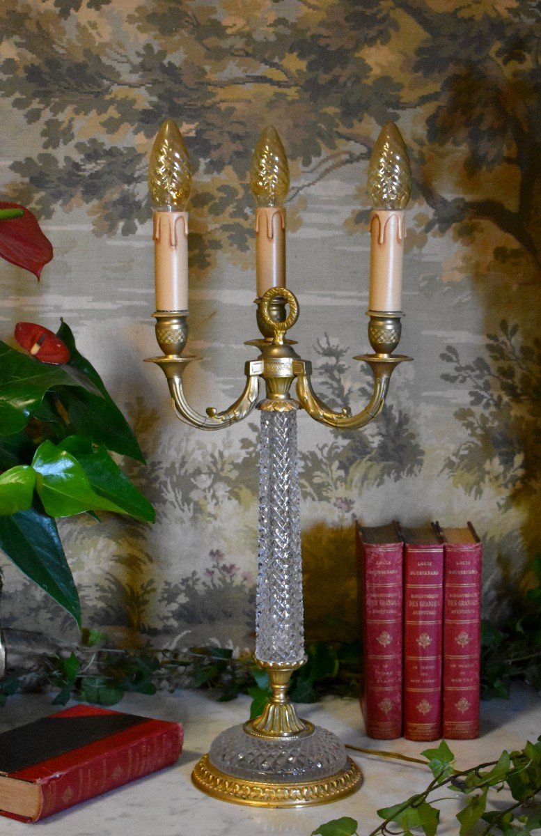 Large Lighting Restoration Style Lamp With Three Lights, Cut Crystal, Bronze And Brass-photo-1