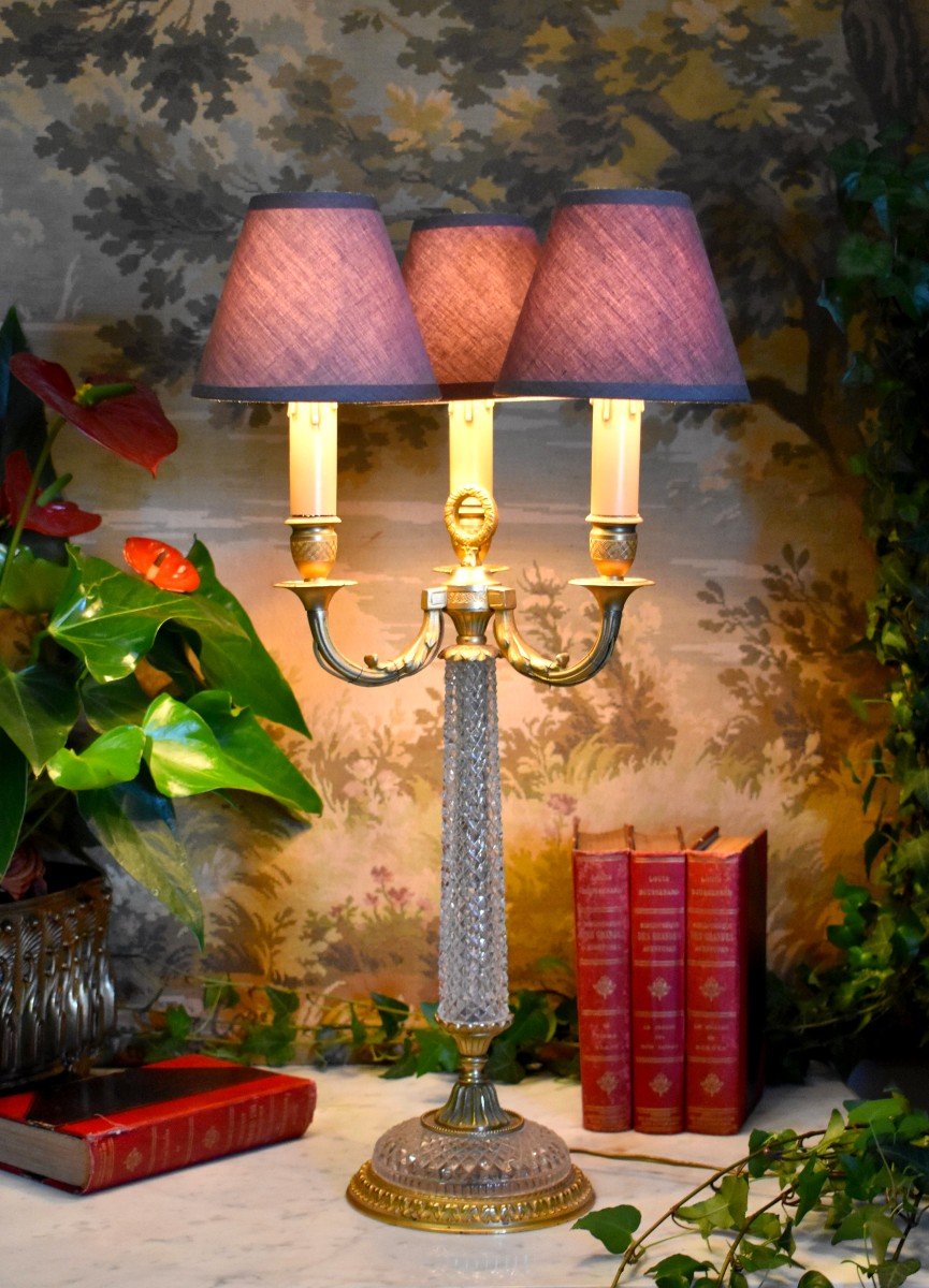 Large Lighting Restoration Style Lamp With Three Lights, Cut Crystal, Bronze And Brass