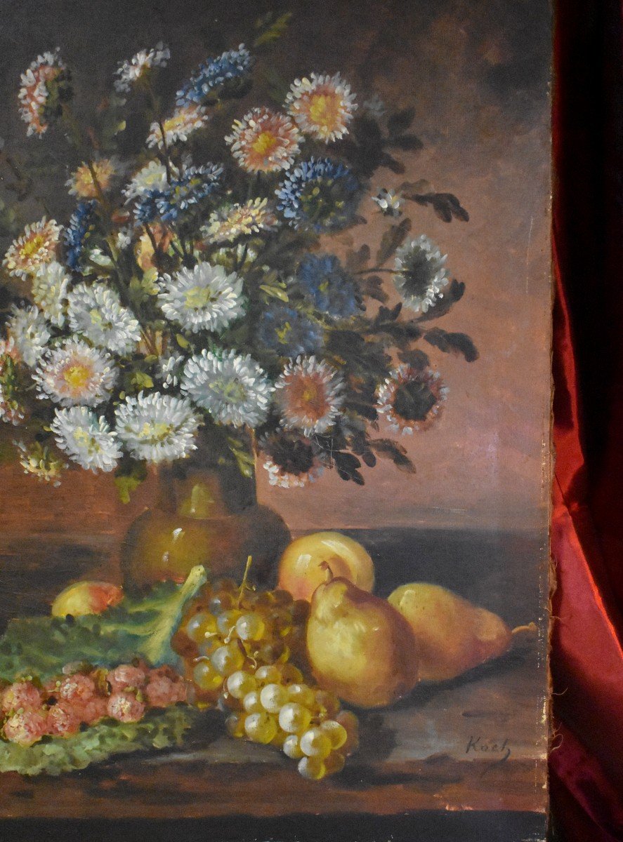 Still Life With Autumn Fruits And Flowers On Entablature, Oil On Canvas, XIX Eme-photo-4
