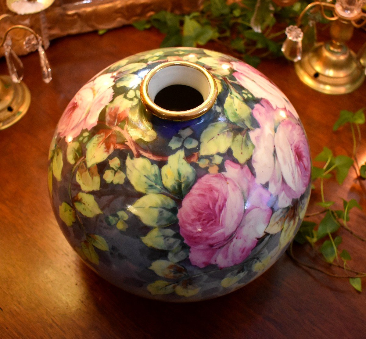 Limoges Porcelain Ball Vase, Fully Hand Painted Rose Decor, Atelier Lavergne-photo-4