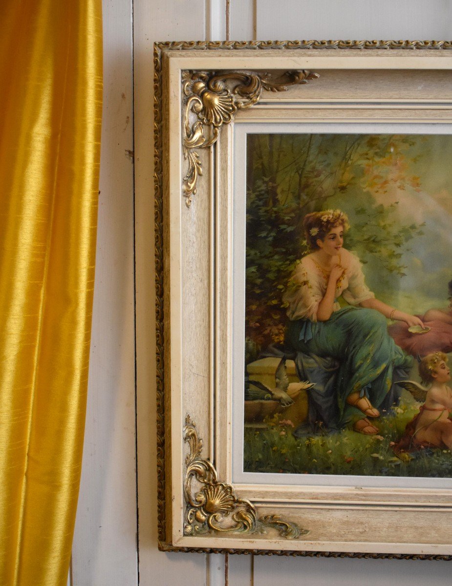 Chromolithographie Encadrée, Elégantes Et Angelot, Jeunes Femmes Et Putto, Epoque XIX Eme-photo-3