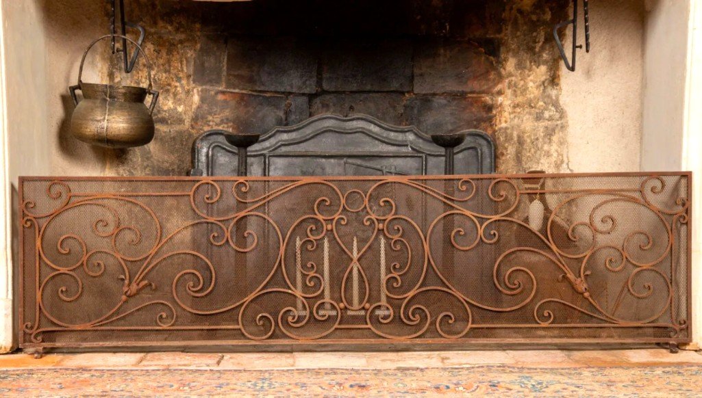 Large Wrought Iron Castle Fire Screen, Spark Screen, Grille, Circa 1900