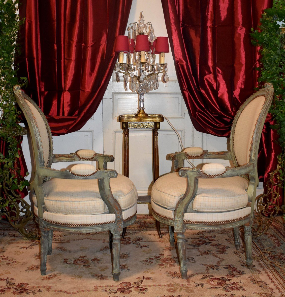 Pair Of Large Louis XVI Style Medallion Armchairs In Ceruse Wood, Basket Shape, XXth-photo-2