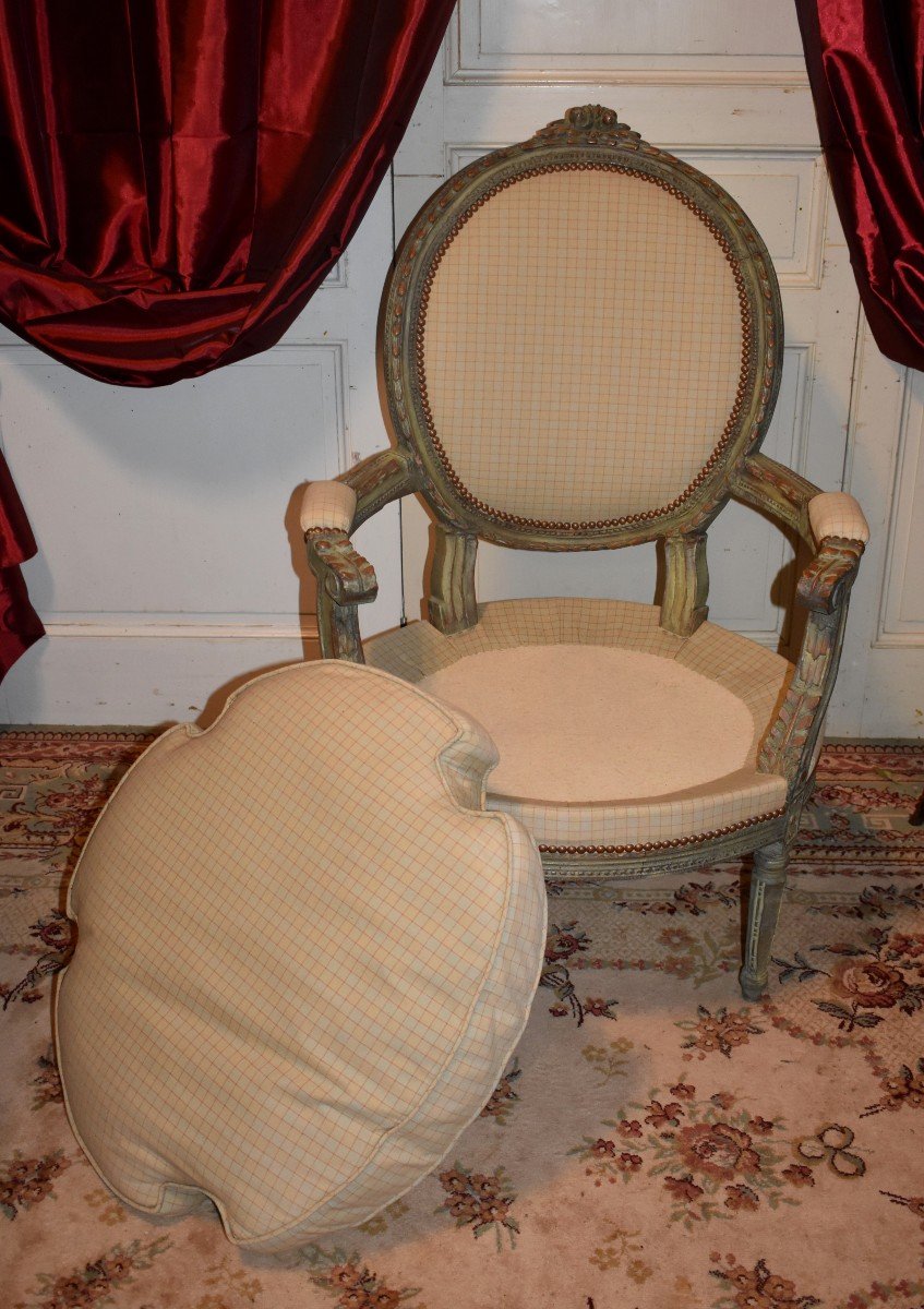 Pair Of Large Louis XVI Style Medallion Armchairs In Ceruse Wood, Basket Shape, XXth-photo-4