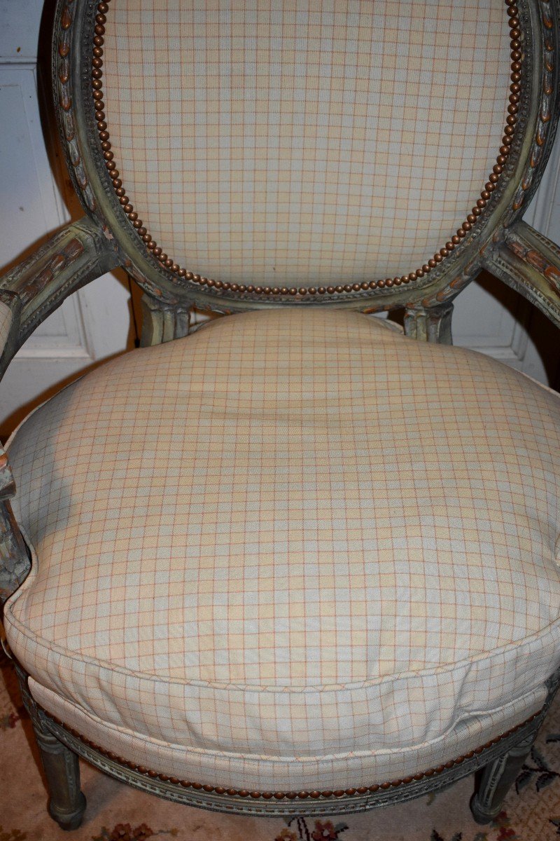 Pair Of Large Louis XVI Style Medallion Armchairs In Ceruse Wood, Basket Shape, XXth-photo-5