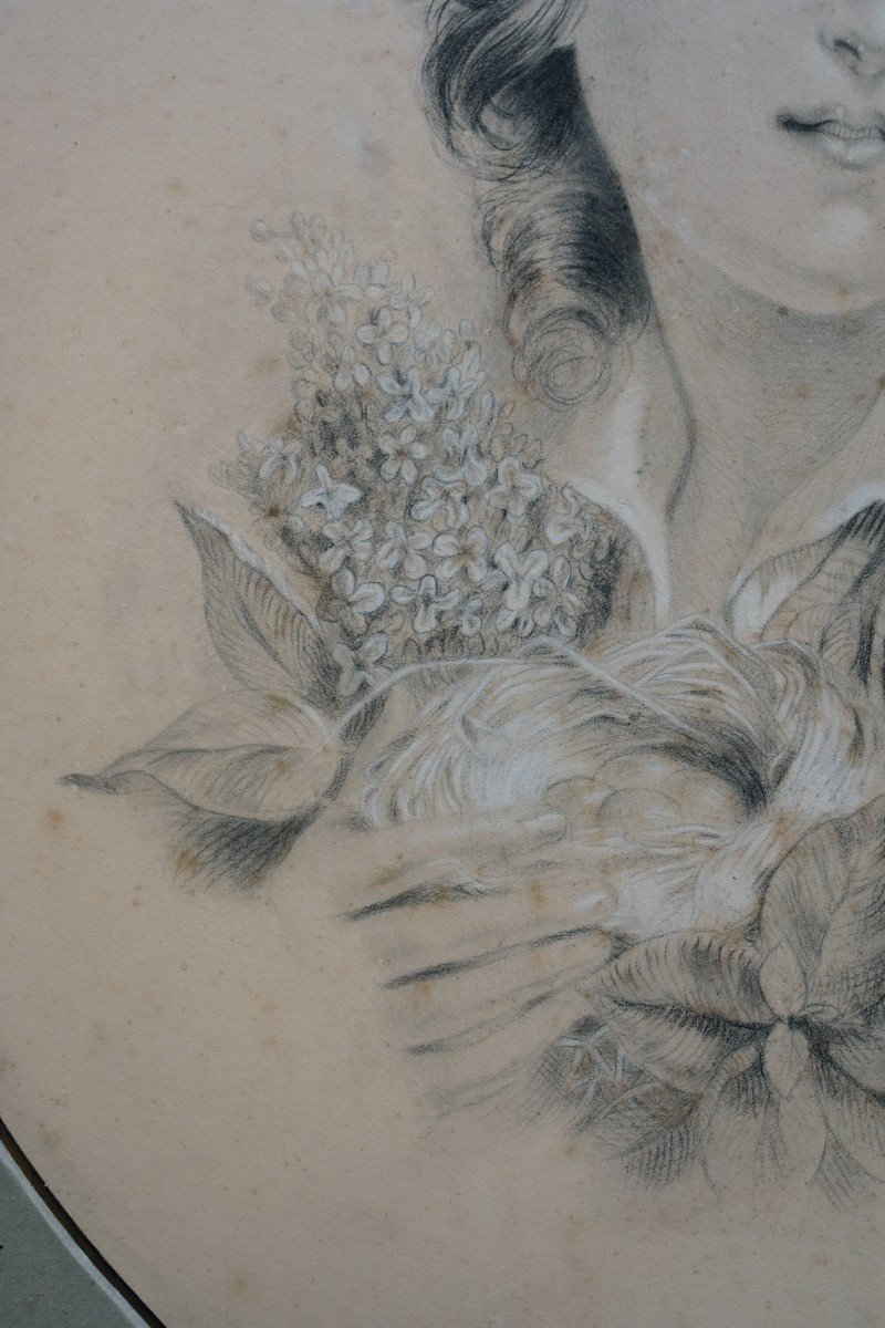  Grand Portrait d'Un Jeune Berger, Dessin à La Mine De Plomb Et Crayon, 1895, Allégorie du Printemps, Bouquet de lilas et Nid d'oiseau-photo-4