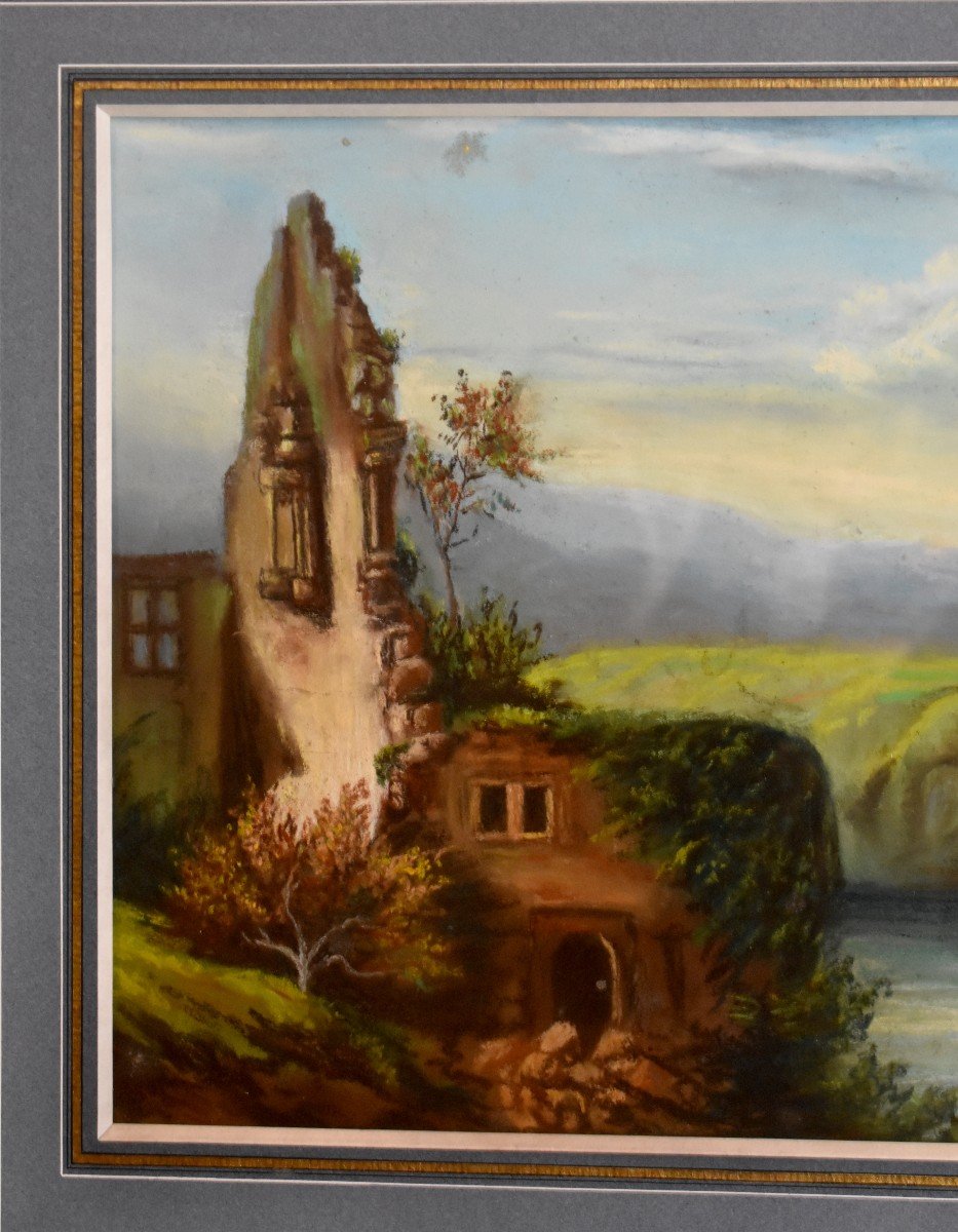 Framed Pastel, Sailboat And Landscape With Ruins, Epoque XX Eme-photo-4