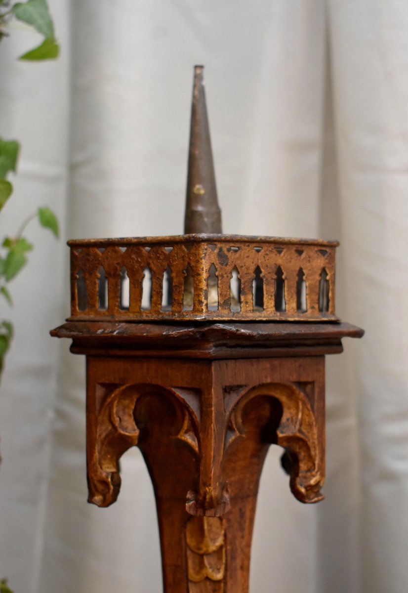 Large Gothic Candlestick In Carved Wood, Candlestick, Epoque XIX Eme-photo-2
