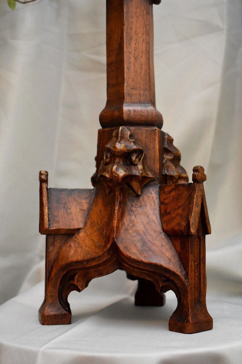 Large Gothic Candlestick In Carved Wood, Candlestick, Epoque XIX Eme-photo-4