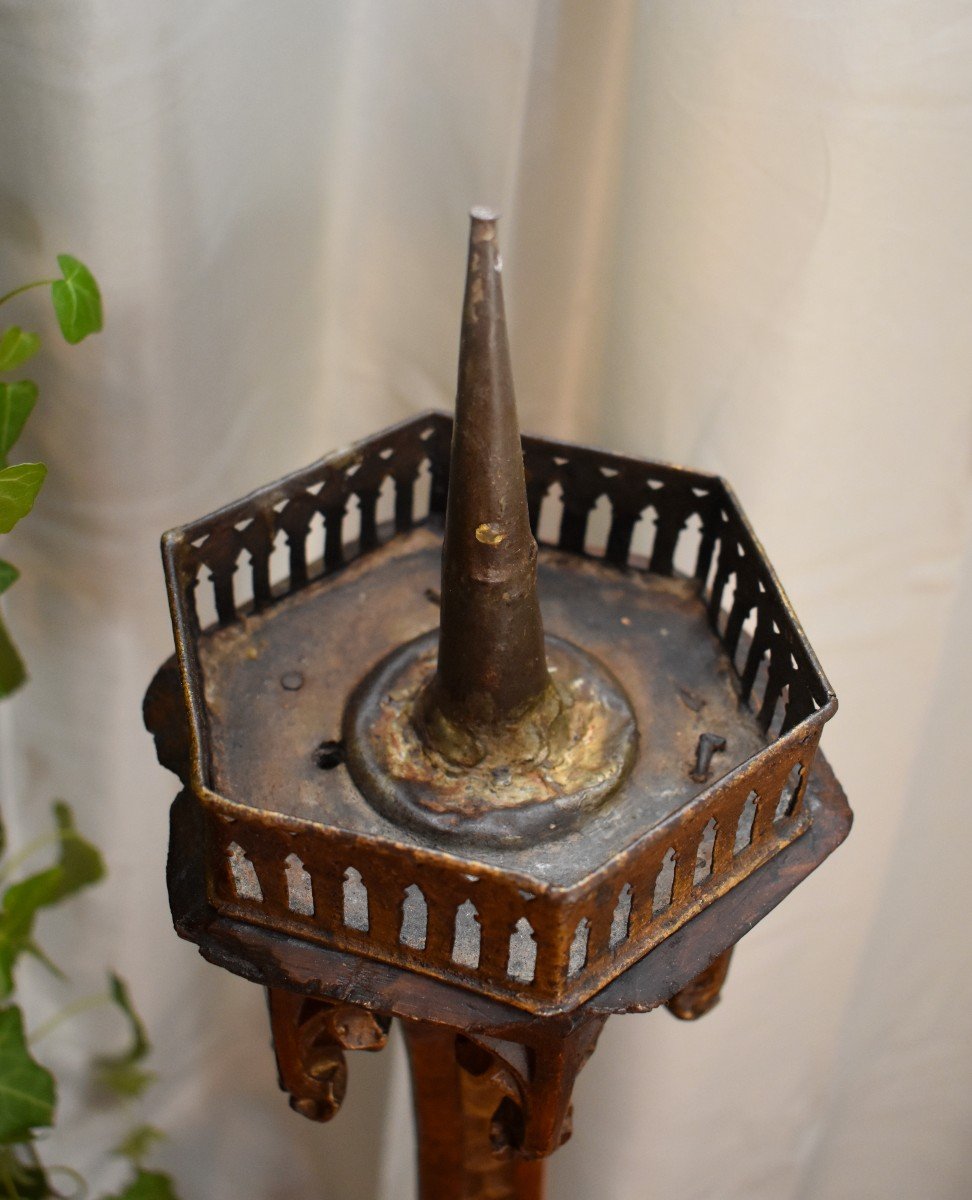 Large Gothic Candlestick In Carved Wood, Candlestick, Epoque XIX Eme-photo-6