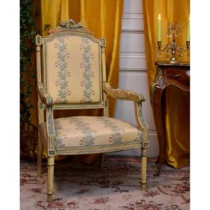 Large Louis XVI Style Armchair Lacquered And Rechampi, Decor With Quiver Of Arrows, Twentieth Century