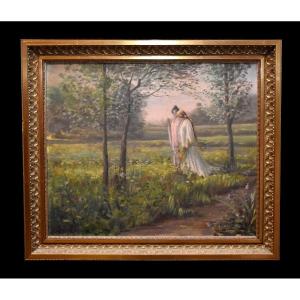 Romantic Painting, "spring Walk", Oil On Framed Canvas, Circa 1900