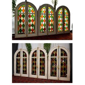 Suite Of 3 Arched Windows In Stained Glass, With Their Frames And Cremones, Stained Glass