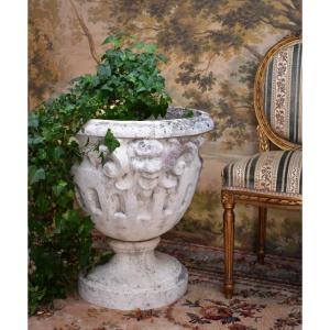 Large Reconstituted Stone Garden Basin, Planter, Decor With Mascarons