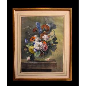 Arthur Chaplin (1869-1935), Bouquet Of Flowers On Entablature, Framed Watercolor