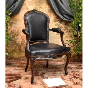 Fauteuil Cabriolet d'époque Louis XV,  Cuir Noir, XVIII ème