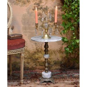 Saddle, Small Pedestal Table, Side Table In Grey Marble, Bronze And Gilded Brass