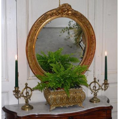 Miroir Ovale Dor&eacute;, XIX&egrave;me, D&eacute;cor De Fleurs