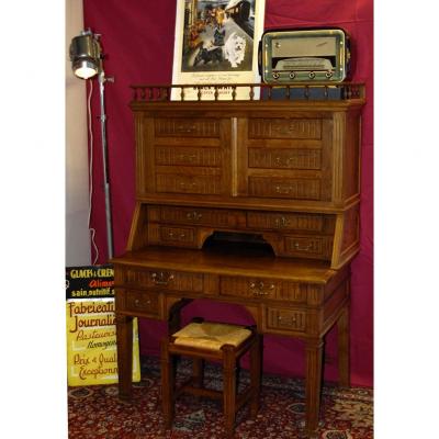 Bureau De Métier Et Son Tabouret, Meuble d'Atelier, Années 30-40, Chêne Massif